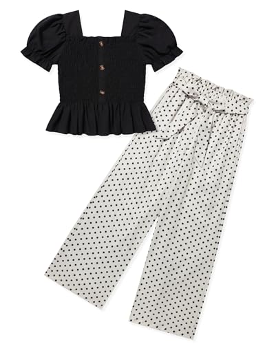 Image of Girls Clothes Solid Color Square Collar Stretch Top and Wide Leg Pants Clothes for Teen Girls 6-14Y