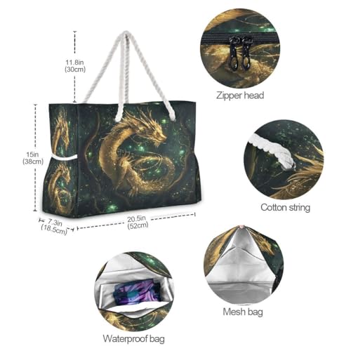 Large Beach Bags Totes Canvas Tote Shoulder Bag The Golden Dragon Water Resistant Bags for Gym Travel Daily4