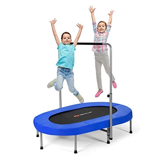 GOPLUS Trampolin für 2 Kinder, 5 stufiger Verstellbarer Handlauf, Klappbares Kindertrampolin für Indoor/Outdoor, Fitness-Trampolin für Kinder/Erwachsene, belastbar bis 150 kg (Blau)