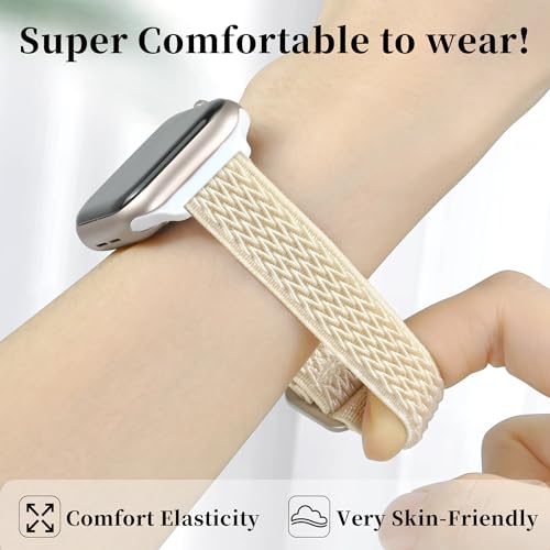 Melyis Nylon Solo Loop Band Compatible with Thin Apple Watch Bands for Women 40mm 41mm 38mm, Stretchy Elastic Sport iWatch Bands for Slim Apple Watch Band Series 9 SE Series 8 7 6 5 4 3 2 1, Starlight