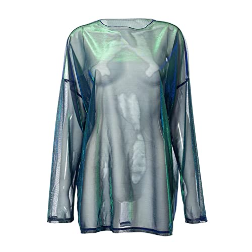 Women See-Thru Sparkly Cover Up Tops E-Girls Metallic Shiny Oversized Tee Shirts4