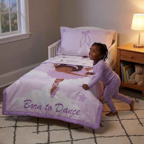 Image of EVERYDAY KIDS 4 Piece Toddler Bedding Set - African American Ballerina - Includes Comforter, Flat Sheet, Fitted Sheet and Reversible Pillowcase - Girls Toddler Bedding