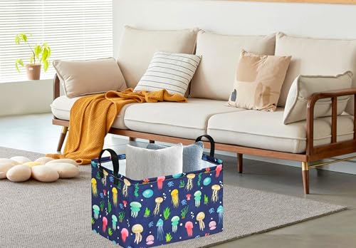 Image of Kid Storage Basket Gift Shelf Basket Toy Storage Bin, Nursery Basket Organizer Box for With Handles for Room Deco (Colorful Jellyfish)