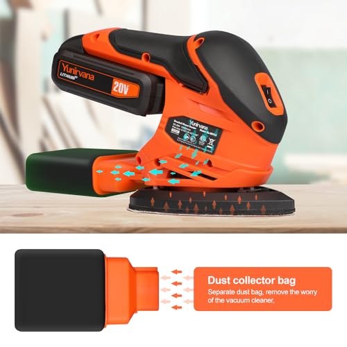 Yunirvana 20V 1.3Ah Cordless Sander, Detail Sanders, 20Pcs Sandpapers,12000 RPM Sanders with Dust Collection System for Tight Spaces Sanding in Home Decoration, Battery and Charger Included - Image 4
