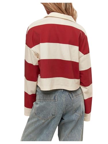 SweatyRocks Women's Striped Crop Tops Pullover Long Sleeve Polo Shirt Cotton Cropped Sweatshirt2