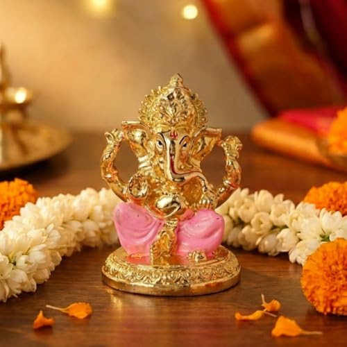 Image of Gold Plated Ganesh Idol | Ganpati Murti for Car Dashboard, Office Desk, Hindu God Gift & Home Decor - Resin (Gold & Pink)
