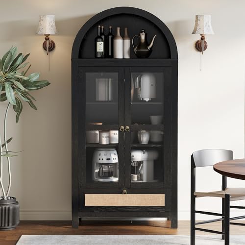 CHYMSUN 71” Tall Arched Kitchen Pantry Cabinet, Modern Farmhouse Hutch Storage Cabinets with Large Drawer and Glass Doors for Kitchen, Dining Room, Living Room, Black