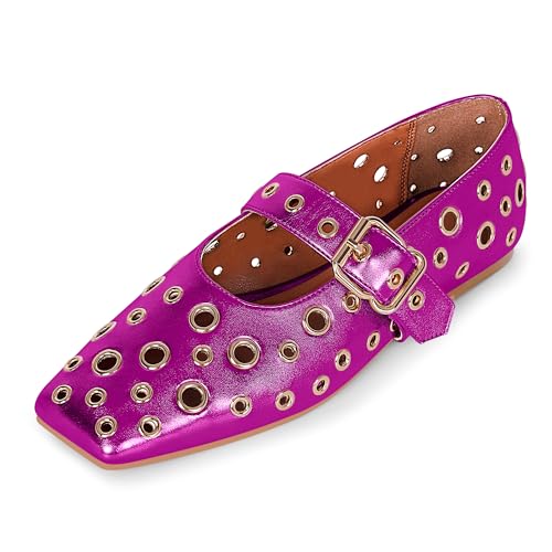 Women's Ballet Flats Studded Metal Eyelet Buckle Perforated Mary Jane Shoes