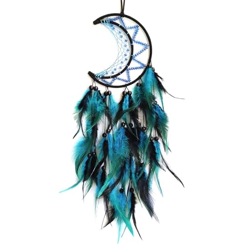 Grand Attrape-rêves en Forme de Lune,Indien Attrapeur de Rêves Bleues,Handmade Décoration Murale à Suspendre pour Maison,Capteur de Rêves Festival Cadeau...