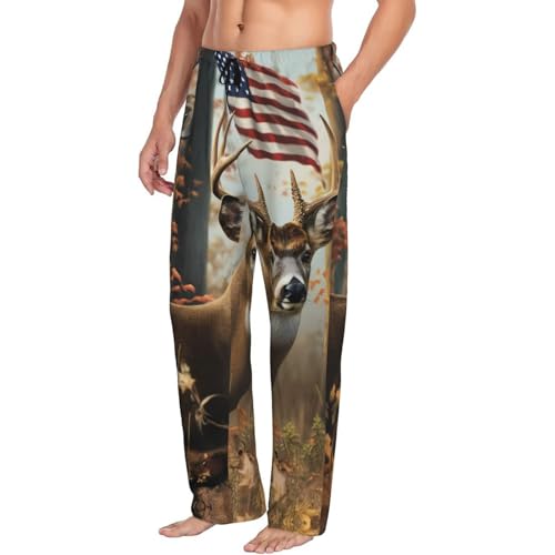 Mens Pajama Pants Bottoms With Pockets- American Wildlife Deer Forest Soft Men Lounge Pants, Comfy Mens Pj Pants