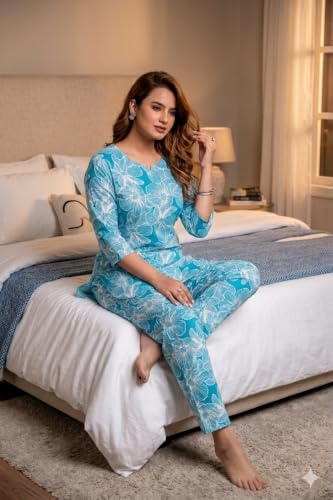 Image of Women's Pure Cotton Printed Night Suit,Top and Relaxed Pajama Set, Stylish Sleepwear