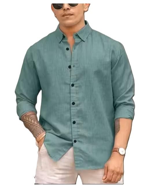 Image of Men's Cotton Casual Shirt, Long Sleeve Button Down, Mandarin Collar, Mustard Yellow, Brown, Rust Colours