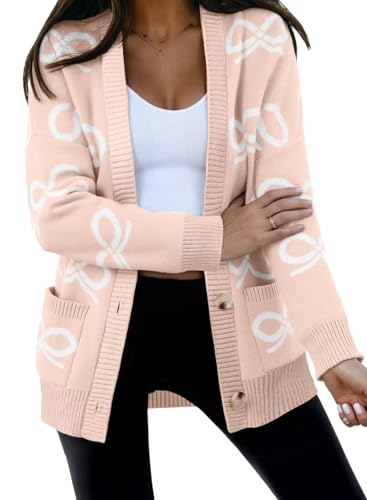 Astylish Womens Open Front Knit Cardigan Sweaters Button Down Bow Printed Outwear Coat with Pockets