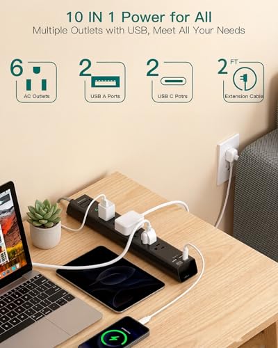 Image of Surge Protector Power Strip - 2ft Extension Cord with 6 AC Outlets 4 USB