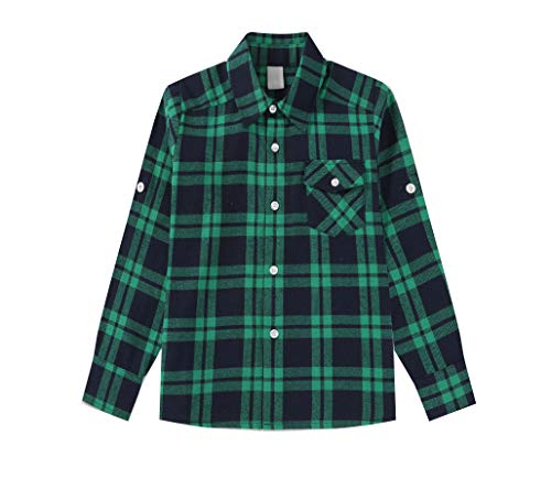 BIENZOE Jungen Warmer Flanell-Knopf Unten Langarmshirts Hemd Grün/Blau 5/6