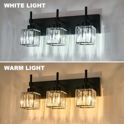 Image of Black Bathroom Vanity Light, 3-Lights Crystal Bathroom Lights Over Mirror, Modern Wall Light Fixtures with Crystal Square Shade