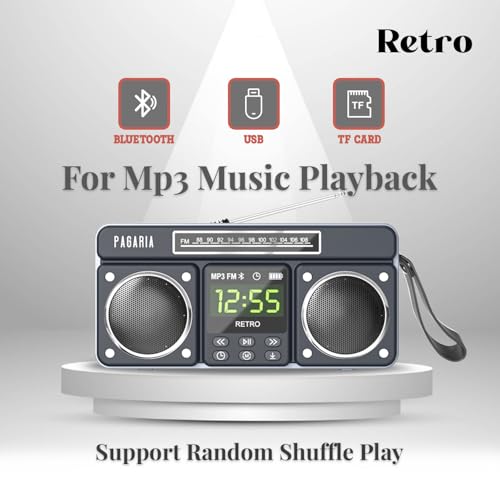 Image of PAGARIA New Retro Portable FM Radio with 10 Watts Sound, Bluetooth Recording, Alarm Clock, USB /TF Card, Detachable External Antenna, Earphone & Aux Port (Black)