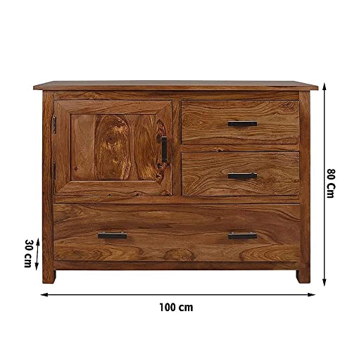 Image of Solid Sheesham Wood Multipurpose Sideboard Storage Cabinet with 3 Drawers & 1 Door for Home and Living Room Furniture (Honey)