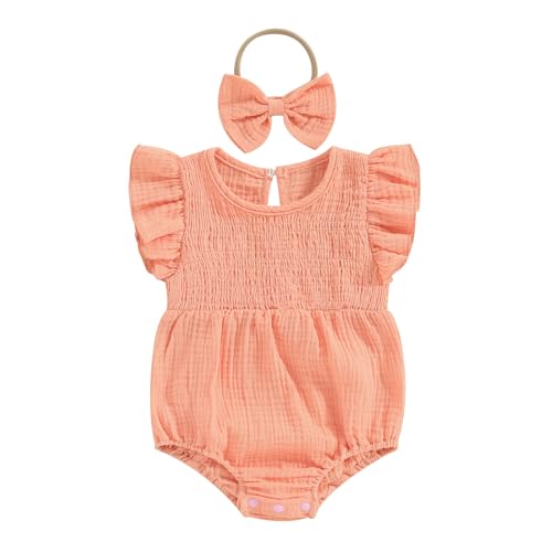 Image of Newborn Baby Girl Clothes Ruffle Sleeve Solid Smocked Bubble Romper Jumpsuit Bow Headband Cute Summer Clothes