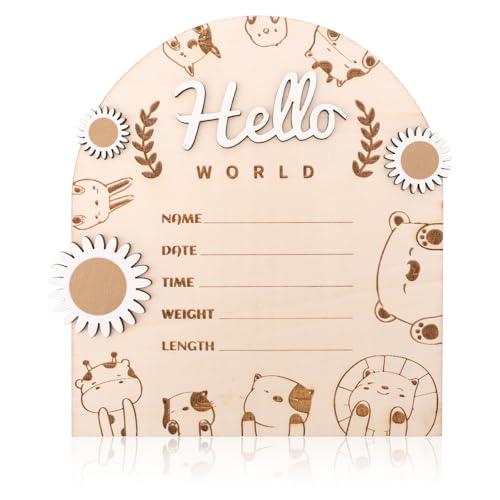 Wooden Baby Announcement Sign, Hello World Baby Sign Baby Announcement Plaque Newborn Baby Welcome Name Board Birth Sign for Baby Shower Gifts Nursery Photo Props Wall Decoration