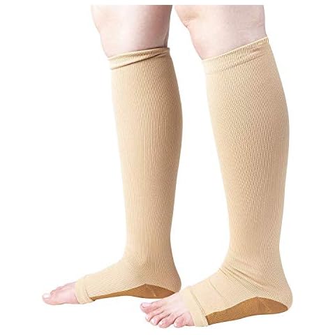 Juniper's Secret Copper Infused Toeless Compression Calf Socks for Women and Men 2 pair FREE Eyeglass Pouch (Beige, XL/XXL) Cover