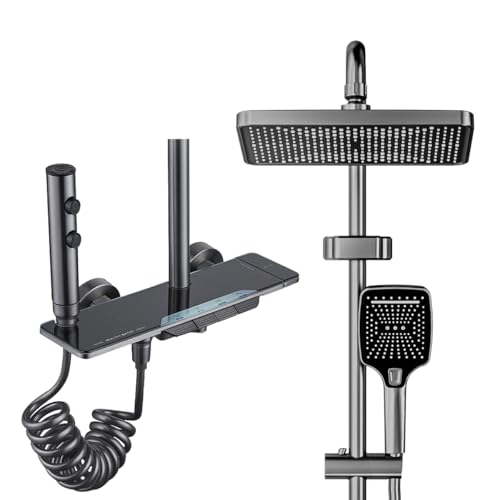 Colonne de douche avec Mitigeur, système de douche avec douche à effet de pluie 30x20cm, douchette à main,bec de baignoire caché,hauteur réglable, et pistolet d'arrosage pour la salle de bain