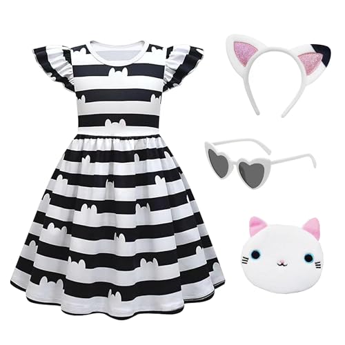 Girls' Cat Cabin Dress with Classic Stripes,Ruffle Sleeve Dresses with Headband Cat Purse and Glasses Outfit