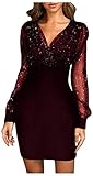 Cocktail Dresses for Women,Retro Elegant Wrap V Neck Long Sleeve Lantern Slim Fit Mesh Sequins Mini Dress,Business Pencil Skirt,Sexy Bodycon Formal Party Dresses(Wine,Medium)