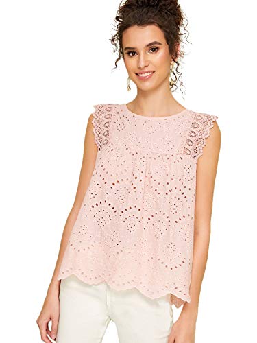 DIDK Women s Sheer Embroidery Ruffle Trim Scallop Hem Eyelet Tank Top Blouse (Large, Pink)