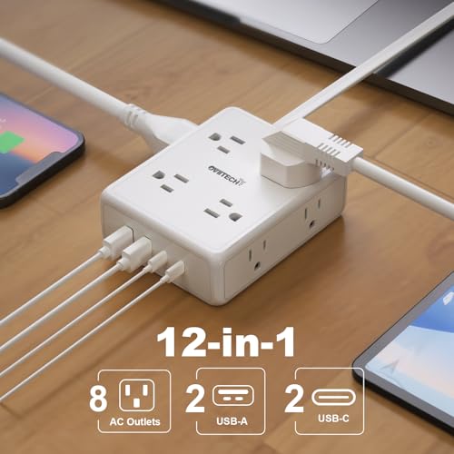 Extensión con protector eléctrico oviitech, 8 tomas, 4 puertos USB, cable de 1.83 m, 1350 Joules miniatura 2
