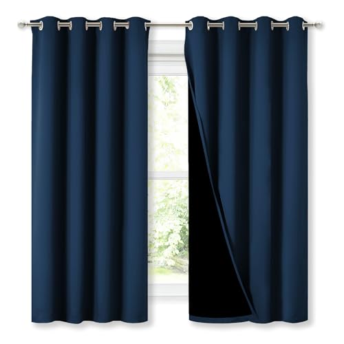 Image of NICETOWN 100% Blackout Curtains with Black Liners, Thermal Insulated Full Blackout 2-Layer Lined Drapes, Energy Efficiency Window Draperies for Bedroom (Moroccan Blue, 2 Panels, 52 inch W by 63 inch L)