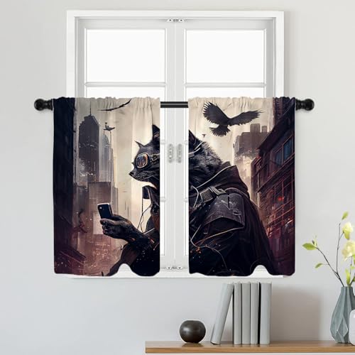 Batmerry Gray Black Cat Tier Curtains, Flowers Cityscape Cyberpunk City Black Cat Nature Cafe Curtain Short Kitchen Drapes Small Valance for Bathroom, 2 Pack 36X26 Inches