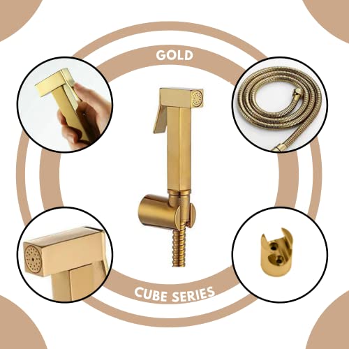 Image of ZAP Cube Series Gold Plated Brass Health Faucet with Stand & Hose Pipe | Premium Jet Spray for Toilets | Hand Spray Set | Health Faucet Bidet Set (Gold Plated)