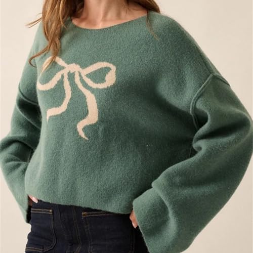 Image of Women Cute Bow Knit Sweater Y2k Long Sleeve Crew Neck Knitted Pullover Top Oversized Going Out Fall Winter Knitwear