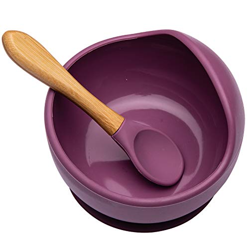 Wooden Teether ベビー用食器 吸盤ボウル シリコン スプーン付き 赤ちゃん 滑り止め 離乳食セット こぼれ防止 ひっくり返し防止 電子レンジ食洗器対応 おわん お祝い ギフト プレゼント ダークパープル