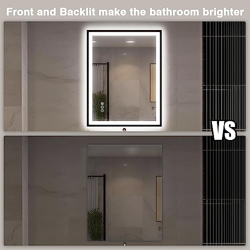 30x36 LED Bathroom Mirror with Lights - Black Framed, Front and Backlit Mirror, Anti-Fog Vanity Mirror with Lights,Stepless Dimmable LED Mirror, 3 Colors Smart(Horizontal/Vertical)