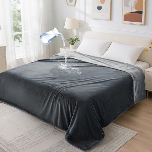 PICK FOR LIFE Waterproof Blanket for Bed: Reversible Soft Flannel Throw Splash Bed Blanket Spill-Proof Cover for Furniture Protection Movie Time 152 x 203cm (Grey)
