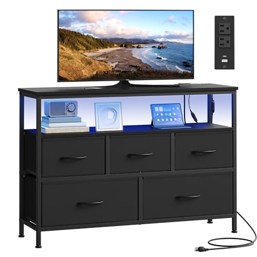 Image of SONGMICS BELLAH Collection - Dresser for Bedroom with App-Controlled LED Lights and Charging Station, Chest of Drawers, TV Stand, 5 Drawers, Shelf, Modern, Ink Black ULGS723BH02S
