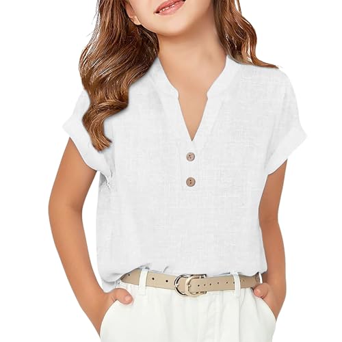 Linen Shirts for Girls Short Sleeve V Neck Button Casual Tunic Tops Girls Blouses School Uniform Shirts Cute Summer Tops