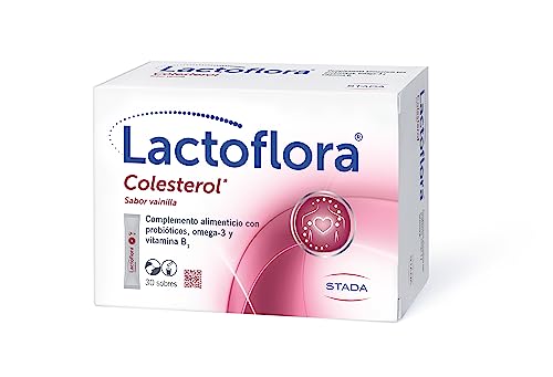 Lactoflora, Complemento Alimenticio Natural para el Colesterol, Probióticos, Omega 3 y Vitamina B1, 30 Sobres Sabor Vainilla