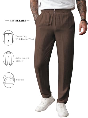 Image of TAGDO Men's Cotton Casual Premium Linen Blend Pants | Lightweight & Breathable Fabric | Elastic Waist with Button | Loose Fit | Perfect for Holidays & Travel (2055)