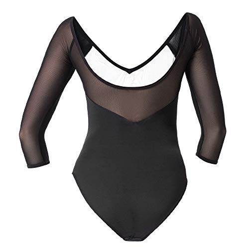 Dance Ballet Leotards for Women Girls 3/4 Long Sleeve V-Neck Leotard(Black,L)