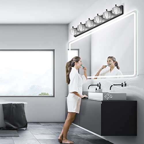 Image of Ralbay 6 Lights Black Bathroom Vanity Lights Crystal Modern LED Black Bathroom Vanity Lights Modern Crystal Vanity Light for Bathroom Lighting Over Mirror Matte Black