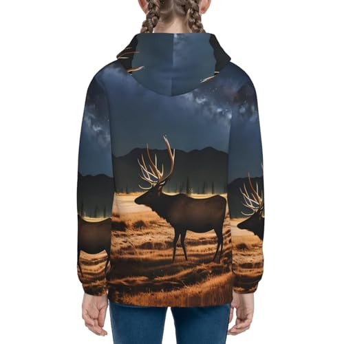 Elk in the meadow Print Girls Athletic Zip Up Hoodies,Sweatshirts with Pockets Long Sleeve Hooded Jackets, for 7-18 Y4