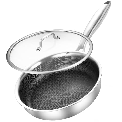 Image of DELARLO 8inch Tri-Ply Stainless Steel Frying Pan With Lid, Nonstick Omelette Pans, Small Egg Pan Durable Chef