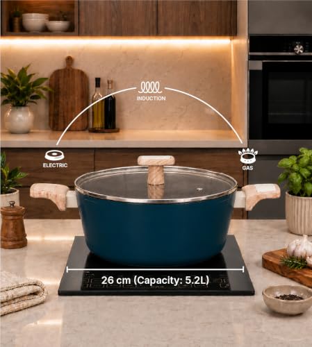 Image of Kreme Ceracook Ceramic Coated Granite Casserole 5.5Ltrs /26cm with Glass Lid, Stew Pot, Biriyani, ISI Certified, Forged Aluminium, Gas & Induction Use, PFAS & PTFE Free, 1 Yr Warranty, Ocean Deep Blue