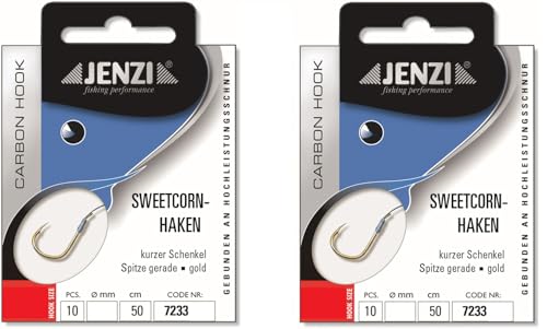 Set # 2 Packungen gebundene Mais-Haken Karpfen von Jenzi Allroundhaken (20 Stück) an Mono Schnur 50cm Hakengröße 6 8 10 12 14 Vorfach fertig + gratis Petri Heil! Aufkleber (Hakengöße 12)