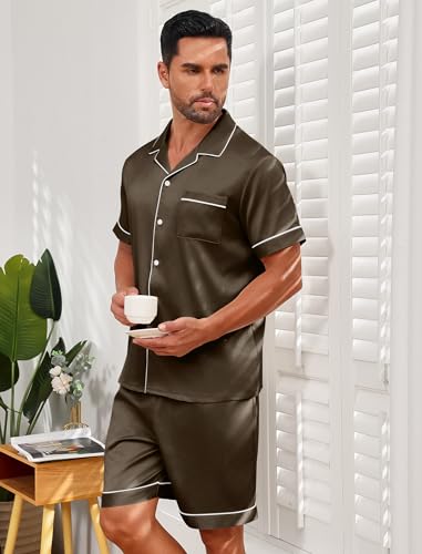 Vssjavun Mens Satin Silk Pajamas Sets Short Sleeve Button-Down Sleepwear Two Piece Loungewear with Pockets