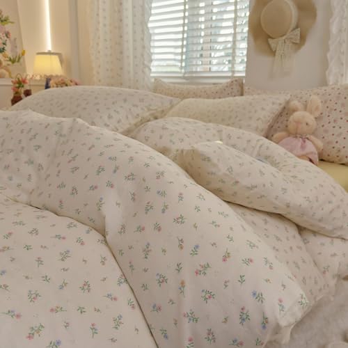 Image of Pastel Ditsy Floral Duvet Cover Set, Cream Off-White Double Layer Gauze Cotton Bedding Set, Soft Breathable Green Leaves Comforter Cover for Cottagecore French Country Bedroom Decor, Queen Size