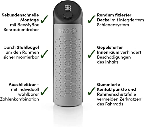 BeeMyBox Beesafe Fahrradbox abschließbar | Integriertes Zahlenschloss, Gepolsterter Innenraum | Sekundenschnelle Montage [26cm, grau]